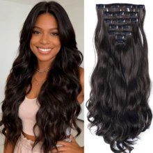22 Inch Clip In Hair Extensions 7 PCS Long Wavy Synthetic Black Hair Extension & Natural Soft Invisible Clip Thick Hairpieces For Women Daily - Multicolor - View 15