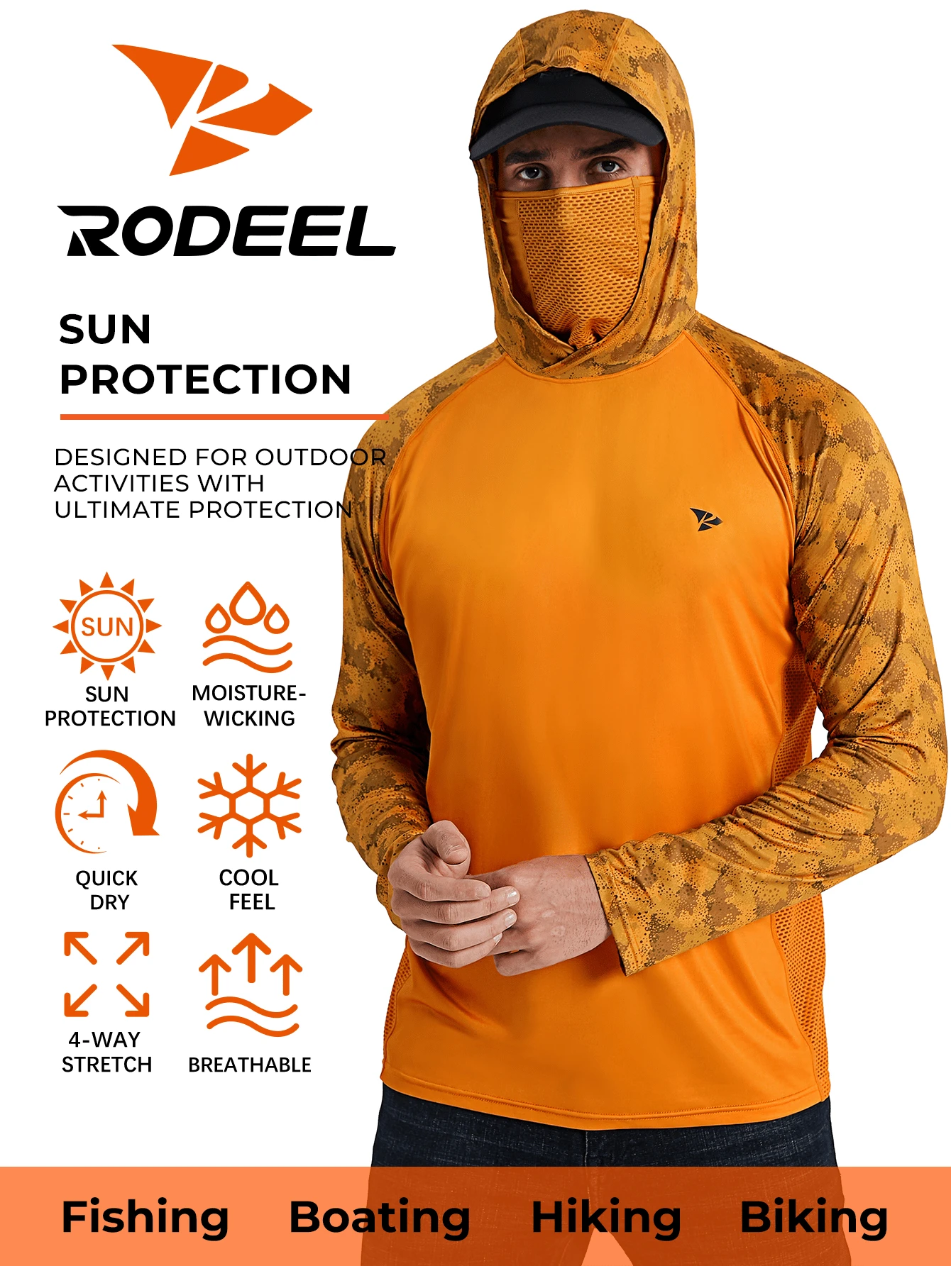 RODEEL 男士連帽衛衣附面罩,輕量運動款 - 橘色 - 查看 1