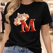 Camiseta de algodón para mujer con estampado de la letra M y la corona. Camiseta casual de manga corta para uso diario o como camiseta conmemorativa para amigos o seres queridos. También adecuada como suéter. Entrega rápida. - Negro - Ver 1