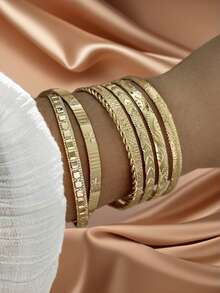 7pcs/Set European & American Style Bracelet Set, Hammered, Arrow, Floral, Exaggerated Hexagram Design, Twist-Open Bangle, Jewelry GiftWomen's Premium Bracelet & Bangle, Minimalist & Exquisite Design, High-Quality Texture, Brighten Skin Tone & Slim Wrist Look, Unique Non-Repetitive Style, All-Match For Daily Wear, Commute, Vacation, Party, Banquet & Bridal Jewelry, Perfect Gift For Birthday, Best Friend, Valentine's Day And Mother's Day - 彩色 - 查看 1