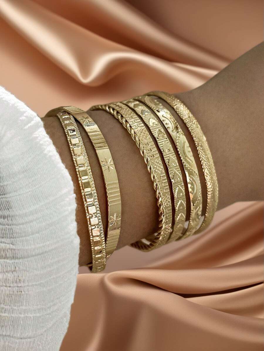 7pcs/Set European & American Style Bracelet Set, Hammered, Arrow, Floral, Exaggerated Hexagram Design, Twist-Open Bangle, Jewelry GiftWomen's Premium Bracelet & Bangle, Minimalist & Exquisite Design, High-Quality Texture, Brighten Skin Tone & Slim Wrist Look, Unique Non-Repetitive Style, All-Match For Daily Wear, Commute, Vacation, Party, Banquet & Bridal Jewelry, Perfect Gift For Birthday, Best Friend, Valentine's Day And Mother's Day - 彩色 - 查看 1
