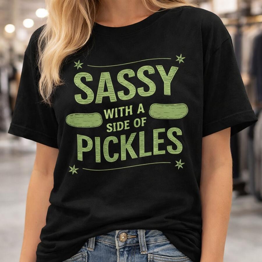 Camiseta de algodón para mujer con estampado gráfico de "Sassy With A Side Of Pickles". Camiseta casual para mujer, ideal para uso diario o como camiseta conmemorativa para amigos o seres queridos. También adecuada como suéter. Entrega rápida. - Negro - Ver 1