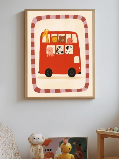 1pc Canvas Waterproof Wall Art, Framed Children's Room Wall Art, London Bus Theme Children's Decor, Animal Riding Red Bus, Children's Room Wall Art, Neutral Children's Decor, Cute Game Room Poster, Children's Animal Art, Children's Room Wall Decor, Nursery Decor, Boys Room Decor, Girls Bedroom Decor, Baby Room Poster, Baby Gift