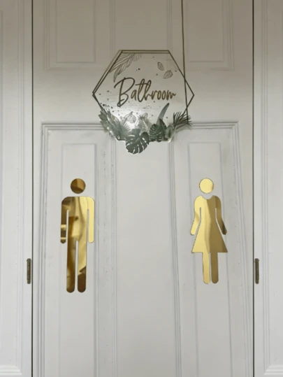 一对自粘式卫生间标识牌 - 男/女卫生间门贴，银色和金色，适用于办公室和商业装饰，圣诞礼物