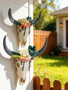 Resin Bull Skull Wall Hanging Decoration, Succulent Plant And Flower Bull Skull Wall Decoration, 3D Animal Sculpture Ornament, Handicraft, Home Decoration, Nordic Style Art Piece, Festive Decoration, Wishing You A Happy Eid! - A - View 3