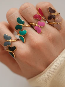 1 pieza Anillo de mariposa calado esmaltado versátil y de moda - Dorado - Ver 1