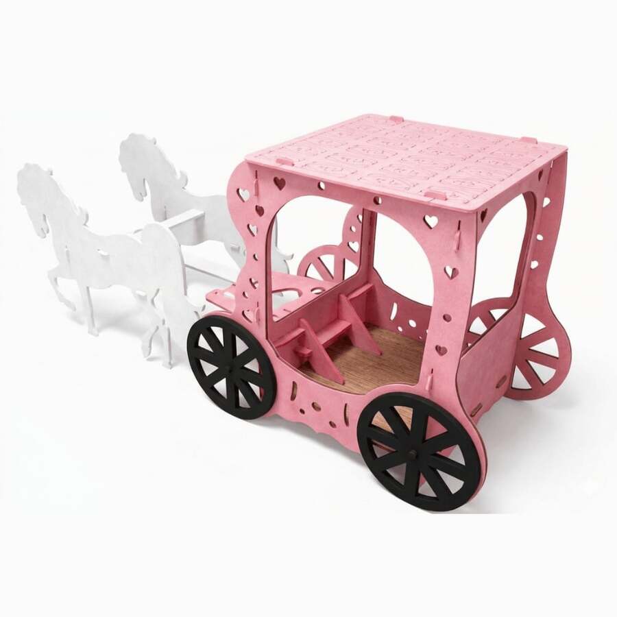 Carrinho Carruagem e Cavalo em MDF Colorido para Festa Decorativo Escolha Sua Cor - Branco e Rosa - Visão 1