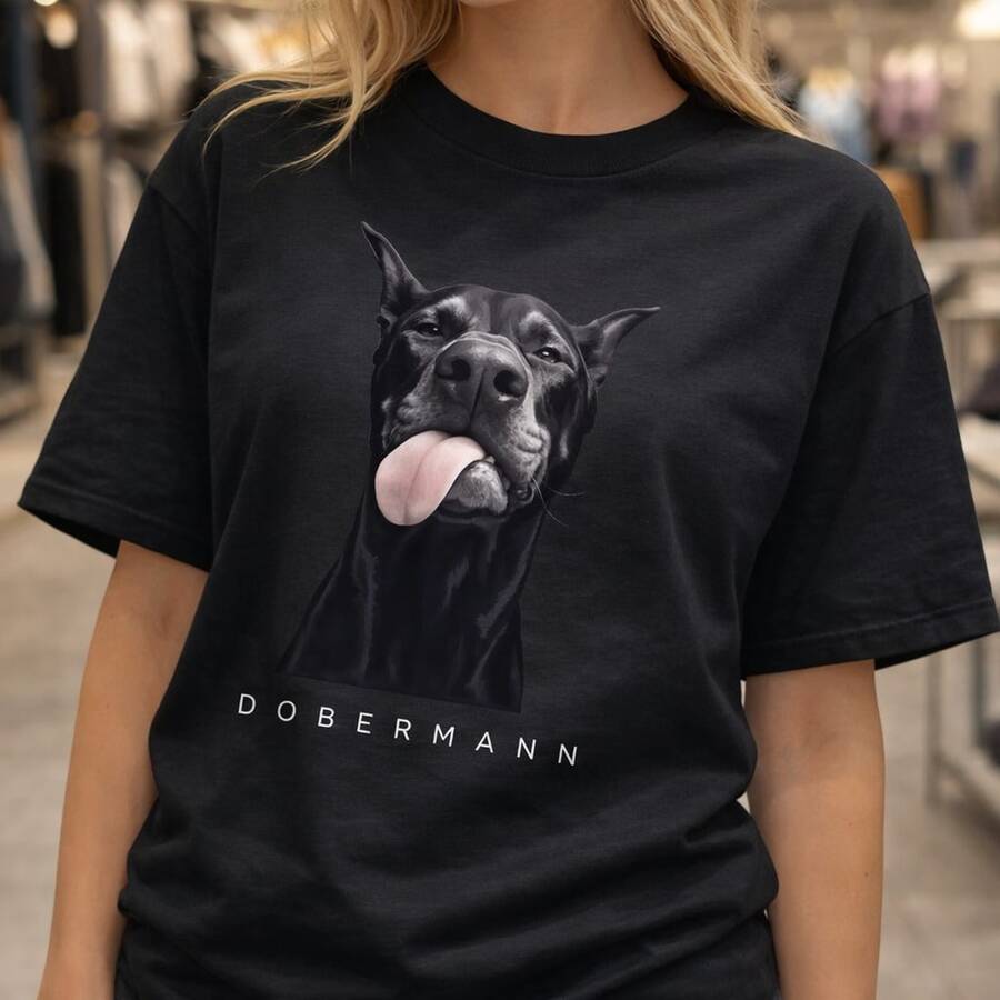Camiseta de algodón para mujer con estampado de perro doberman, linda y casual, de color blanco, ideal para uso diario o como camiseta conmemorativa para amigos o seres queridos. También es adecuada como suéter. Entrega rápida. - Negro - Ver 1