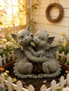 A Romantic Dragon Lover's Garden Sculpture, Made Of Simulated Stone Resin; Dragon Embrace Home Decor; Fantasy Art - Multicolor - View 6