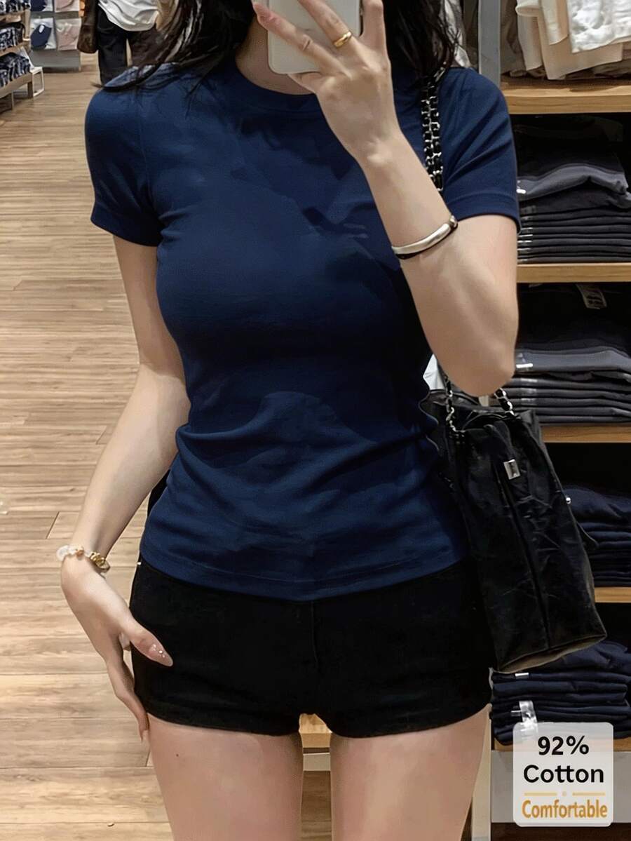 Solid Color Short Sleeve T-Shirt, Versatile Casual Slim Fit Undershirt For Women Summer - Navy - View 1