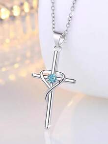 Luxury Blue Gemstone Cross Silver Necklace, Gift Box For Girl's Birthday - Blue - View 3