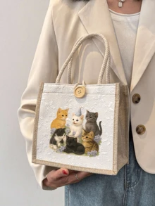 卡通猫咪印花手提袋，字母图案，可重复使用印花手提包，女士双提手购物袋/背包，大容量单肩包，休闲手提袋，情人节收纳袋，返校午餐包，适合通勤、上学和购物，方便户外活动 - 彩色 - 查看 8