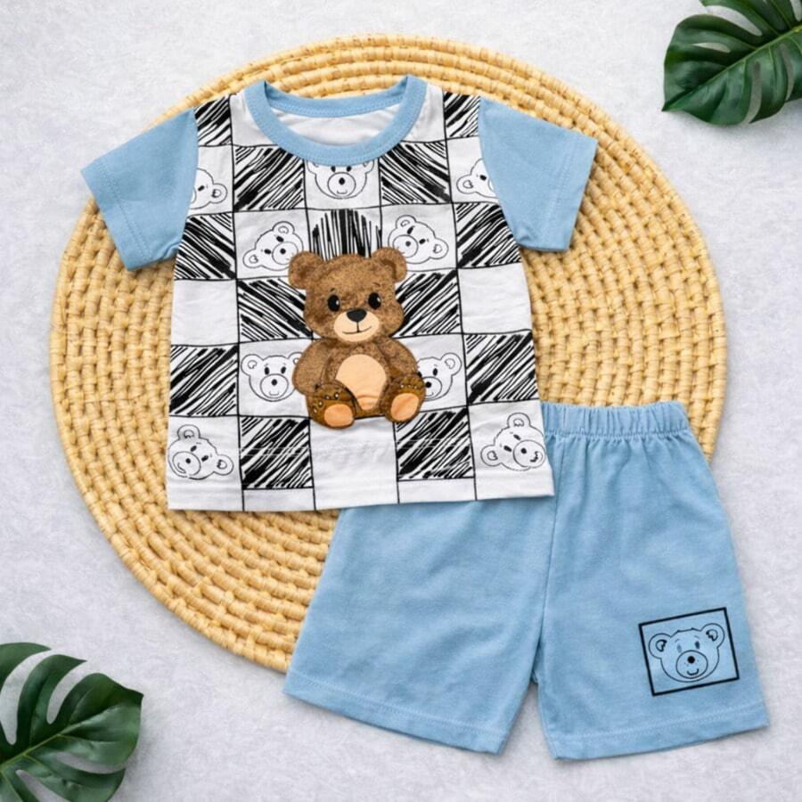 Baby Boy Romper Set Little Boy Bear Teddy Bear Style Fashion Outing 6 To 9 Months - Màu xanh lam - Xem 1