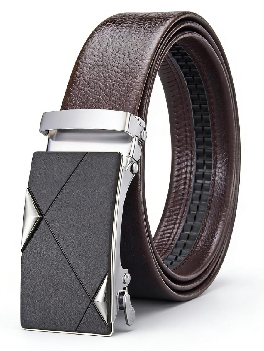 1pc Men's Automatic Buckle Black PU Leather Belt, Fashionable Casual Medium Width Belt For Daily Wear - Brown - View 1