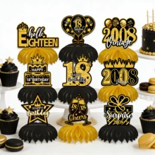 一套黑色金色18岁生日装饰蜂窝中心摆件，适用于18岁生日派对，可作餐桌摆件、派对装饰用品，复古2008年做旧桌牌装饰 - 多色 18歲 - 查看 4