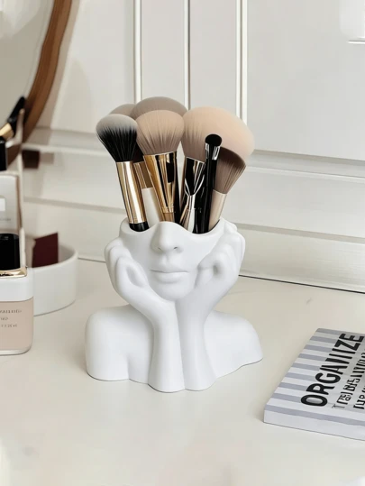 1个独特创意的人形化妆刷架兼笔筒，手工制作，可作桌面或浴室化妆品收纳盒，轻巧时尚，防滑装饰配件，适用于桌面和抽屉收纳，家用书桌抽屉收纳盒，女士房间吹风机收纳盒，梳妆台，化妆品装饰，女士化妆台，笔筒，化妆品收纳盒，桌面收纳盒，化妆品收纳盒