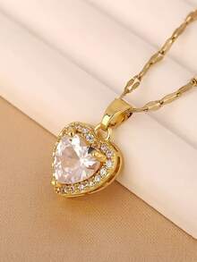 1pc Elegant Heart-Shaped Copper Pendant Necklace, Heart Necklace, Cubic Zirconia, Stainless Steel Chain, Summer Jewelry Gift, Suitable For Girls And Women - Multicolor - View 4