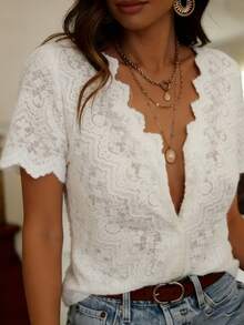 JoWins New Vintage French Elegant Short Sleeve V-Neck Loose Hollow Crochet Lace Blouse, Casual Commuter Wear For Women, Spring/Summer White - White - View 5