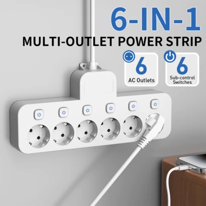 5M/10M/15M Regleta de enchufes múltiples con 6 tomas de corriente AC de la UE, diseño de interruptor independiente, adecuado para el hogar, el sitio de construcción, la oficina, los viajes