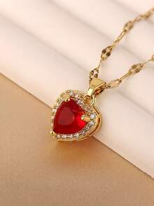 1pc Elegant Heart-Shaped Copper Pendant Necklace, Heart Necklace, Cubic Zirconia, Stainless Steel Chain, Summer Jewelry Gift, Suitable For Girls And Women - Multicolor - View 10