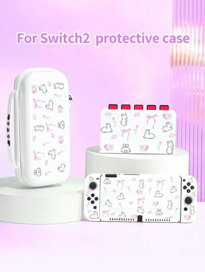 1个可爱白兔与蝴蝶结图案Switch保护壳，新款Switch2 (2025)游戏机配件保护套，游戏卡槽保护壳，游戏机收纳袋，适用于Switch2 (2025) / Switch OLED，送给Switch玩家的最佳礼物