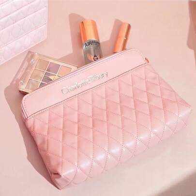 Charlotte Tilbury Quilted Cosmetic Bag, Velvet Texture Makeup Pouch With Gold Zipper Pull - Elevate Your Luxury Experience
