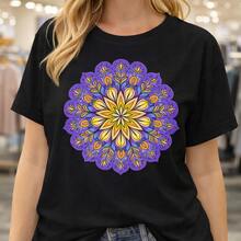 Camiseta de algodón para mujer, camiseta blanca con estampado de flores mandala en morado y amarillo, ideal para uso diario o como camiseta conmemorativa para amigos o seres queridos. También adecuada como suéter. Entrega rápida. - Negro - Ver 1