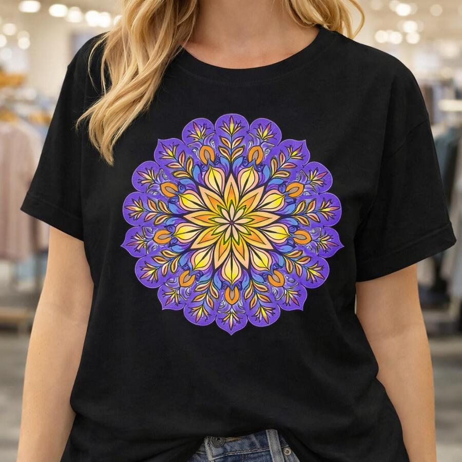 Camiseta de algodón para mujer, camiseta blanca con estampado de flores mandala en morado y amarillo, ideal para uso diario o como camiseta conmemorativa para amigos o seres queridos. También adecuada como suéter. Entrega rápida. - Negro - Ver 1