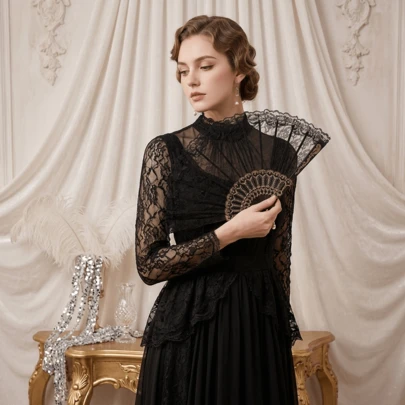 Vintage Lace Folding Hand Fan, Elegant Palace Style Decorative Hand Fan, Suitable For Wedding, Party, Cosplay, Photography Props And Costume Accessories