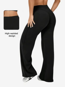 Women's High Waist Solid Color Loose Wide Leg Yoga Pants, Comfortable And Slimming, Suitable For Running, Fitness And Yoga - 黑色 - 查看 7