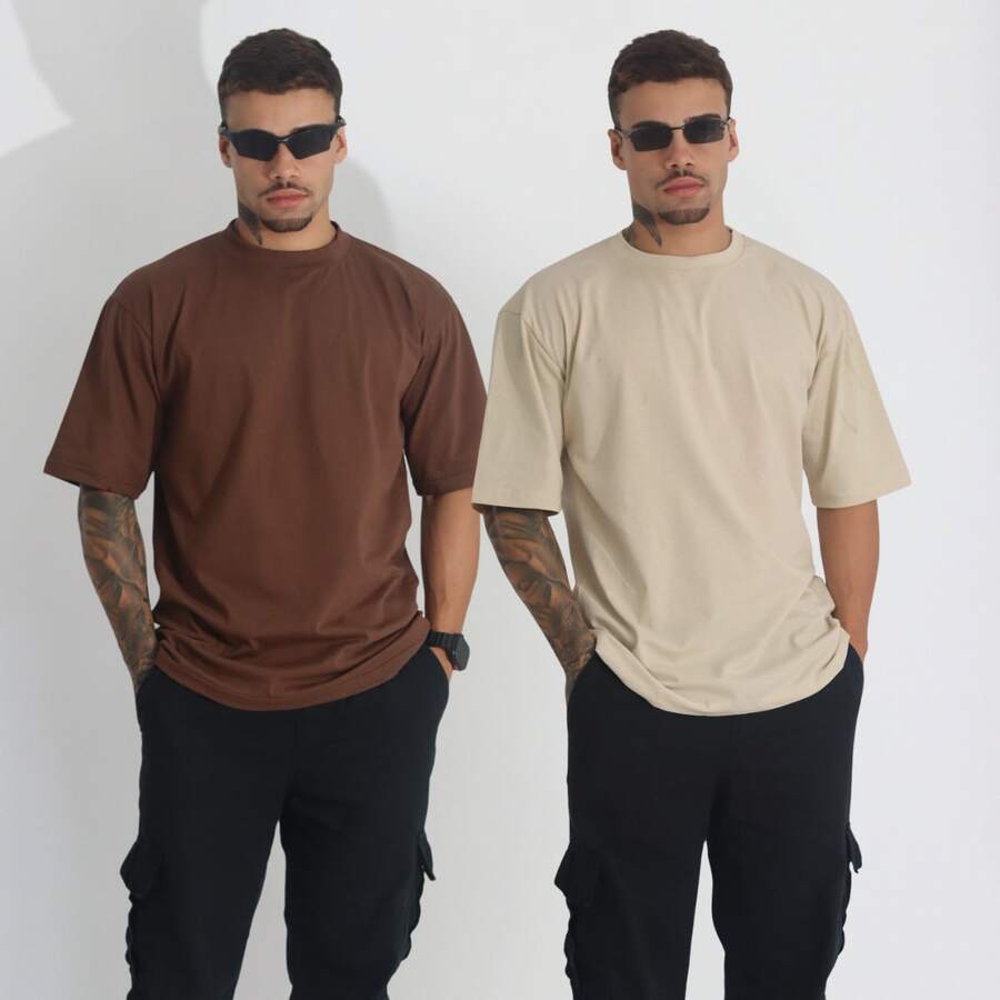 Kit 2 Men's Oversized T-Shirt Streetwear Plain Cotton Basic Collar - Xem 1