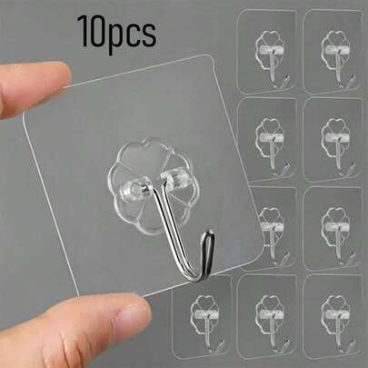 10/5/1pc Transparent Adhesive Heavy Duty Wall Hooks, Multi-Functional Hanging Storage Rack, Reusable Seamless Nail-Free Hooks, Waterproof And Oil-Proof, Suitable For Bathroom, Kitchen, Towel, Cup, Scissors, Can Opener Hooks