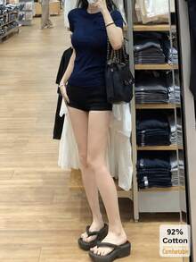 Solid Color Short Sleeve T-Shirt, Versatile Casual Slim Fit Undershirt For Women Summer - Navy - View 2