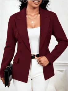 Women's Tailored Blazer With Faux Pockets, Button Closure, Lined, Double Button Closure, Elegant Single Pocket - Màu Đỏ Sâu - Xem 2