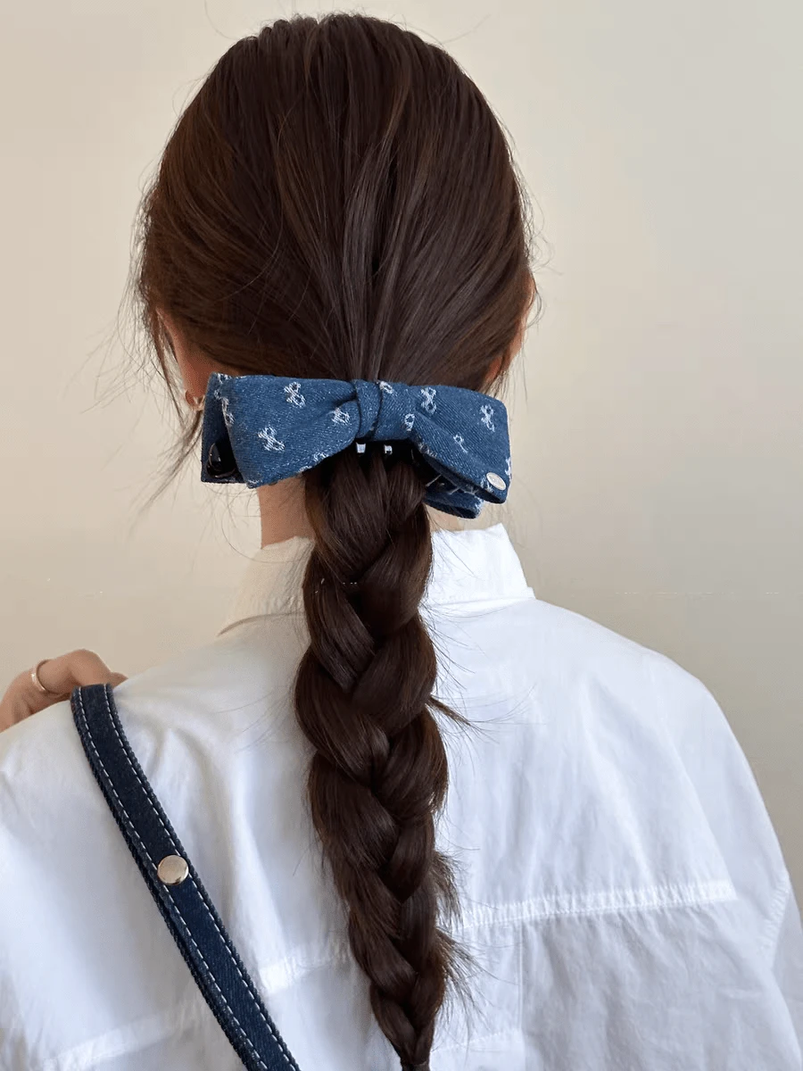 Women's Fashion Denim Blue Bow Hair Clip, Banana Clip For Bun, Ponytail, Versatile Twist Clip