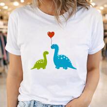 Camiseta de algodón para mujer con estampado de dinosaurio, corazón y globo. Camiseta casual para mujer, ideal para uso diario o como camiseta conmemorativa para amigos o seres queridos. También adecuada como suéter. Entrega rápida. - Blanco - Ver 1