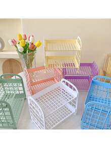 1pc Student Dorm Dual-Layer Folding Desk Organizer Rack - Pink - View 8