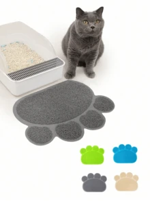 1pc PVC Anti-Slip Pet Cat Litter Mat, Paw Print Design, Dual Use As Litter Box Mat & Feeding Mat - Multicolor - View 1