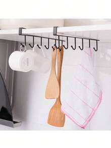 1pc/White/Black 6-Hook No Drill Multi-Function Hanging Rail, Wardrobe Hooks, No Drill Kitchen Hooks, Adhesive Hooks Rack, Track Style Kitchen Utensil Rack, Pot Hanging Rack - Multicolor - View 5