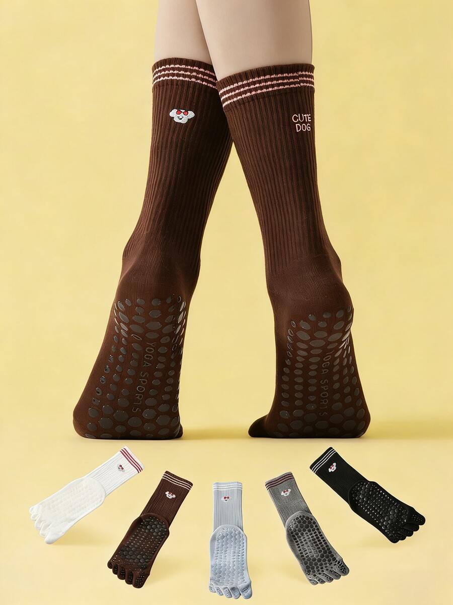 1/2/3/5 pares de calcetines de yoga con cinco dedos y agarre antideslizante para mujeres, calcetines deportivos profesionales con diseño de agarre antideslizante y bordado de cachorros adorables, adecuados para fitness en interiores, pilates, ballet, danza y gimnasia, para usar en todas las estaciones - Multicolor - Ver 1