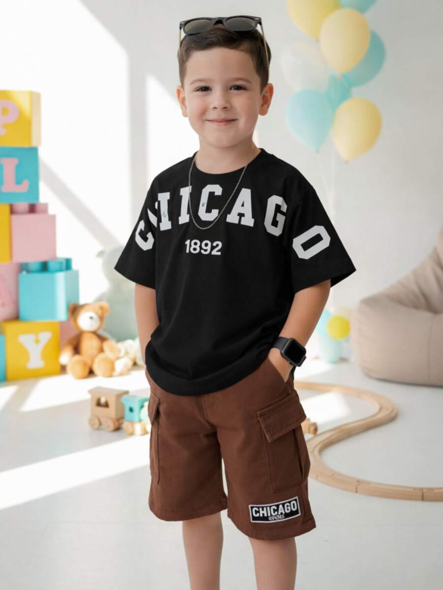 Chicago Stylish Boys' Outfit Set - T-Shirt + Shorts - Assorted Colors | Sizes 2 To 14 Years - Kvani Joy - 棕色和黑色 - 查看 1