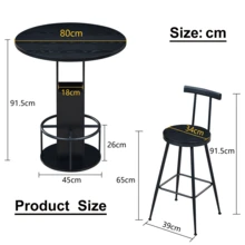 3-Piece Bar Table And Stool Set: 80cm Round Table With Two Stools, Wooden Dining Table With Metal Ring-Shaped Footrests. Ideal For Dining Rooms, Cafes, Bars, Living Rooms, Etc. - Black - View 7