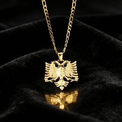 dollrinboy 1pc 14K Gold Plated Albanian Eagle Pendant Necklace, Unisex, 3mm Stainless Steel Flat Figaro Chain, 18/22 Inches