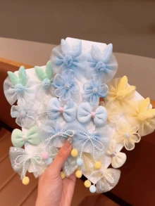 8个布艺亮片花朵发夹，时尚春季刘海夹，带珍珠和网纱蝴蝶结 - 彩色 - 查看 5