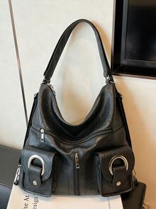 这款时尚简约的大容量女士通勤单肩包采用PU材质，配有镂空铆钉拉链，并附带双肩带和手提带。它适合旅行、通勤和学生使用，既可作为旅行背包，也可作为休闲背包。 - 黑色 - 查看 1