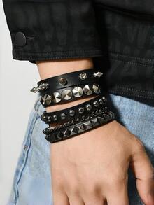 Set Of 3 Men's Punk Rock Leather Bracelets In Black With Silver Chain And Rivets / Gun Black Adjustable Unisex - 槍黑色 - 查看 2