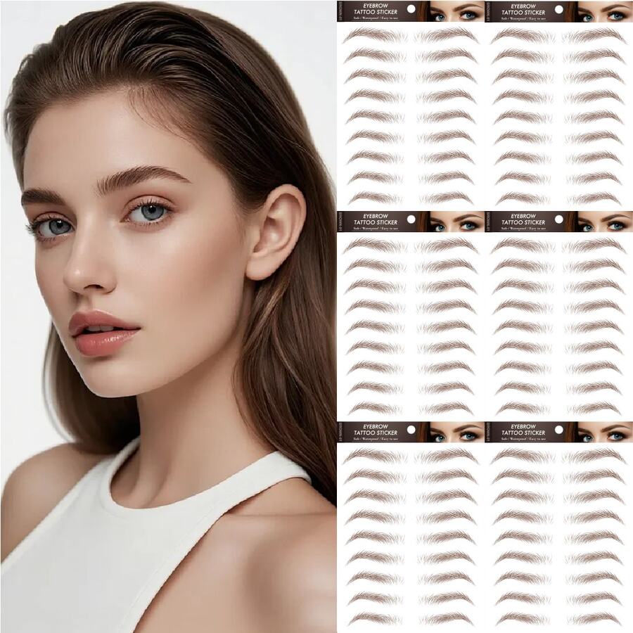 6张54对棕色4D仿真毛发防水眉毛纹身贴纸，可撕除，临时眉形修饰贴纸，拱形款式 - 棕色 - 查看 1