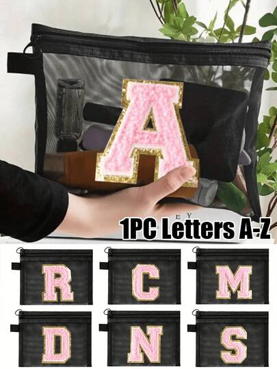 女士毛巾刺绣字母 A-Z 图案印花网眼化妆包，透明拉链 | 现代简约，可用于收纳化妆品、洗漱用品、彩妆、旅行必备品、便携式收纳包、浴室收纳、珠宝首饰、唇油和化妆品，也可作为沙滩包、旅行化妆包使用，是海滩、度假和日常使用的理想之选，男女通用，母亲节礼物、情人节礼物、婚礼季礼物、纪念品、伴娘礼物