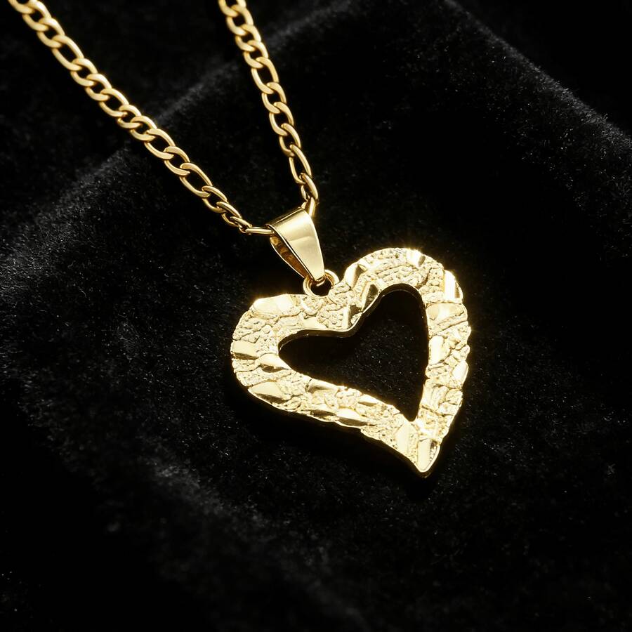Mặt dây chuyền hình trái tim mạ vàng 14k, họa tiết khối bánh quy, unisex, thiết kế hip hop độc đáo, kèm dây chuyền phẳng bằng thép không gỉ 3mm. - trái tim - Xem 1