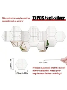 12片/套银色亚克力镜面墙贴，六边形镜面，DIY可移除3D几何六边形镜面艺术套装，卧室、客厅、办公室、厨房墙面装饰，经典风格，简约家居装饰，现代贴纸，礼品，客厅装饰，卧室改造，厨房创意，浴室装饰，房间墙面镜 - 1mm - 查看 12